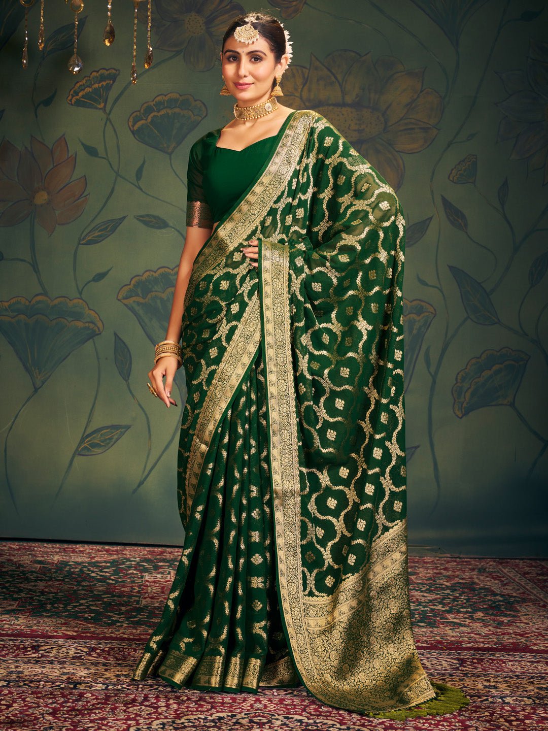 Green Floral Georgette Saree with Jari Border - Ressa