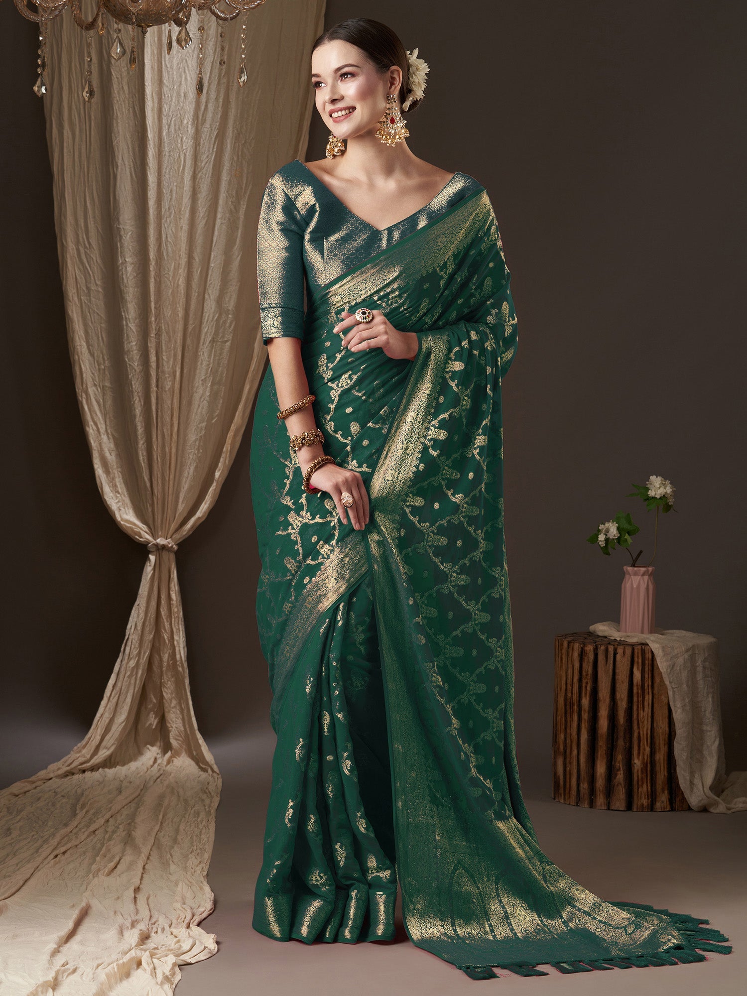 Green Floral Georgette Saree with Jari Border - Ressa