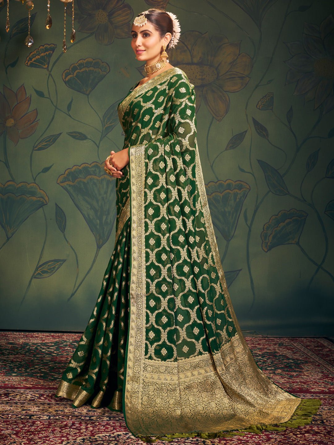 Green Floral Georgette Saree with Jari Border - Ressa