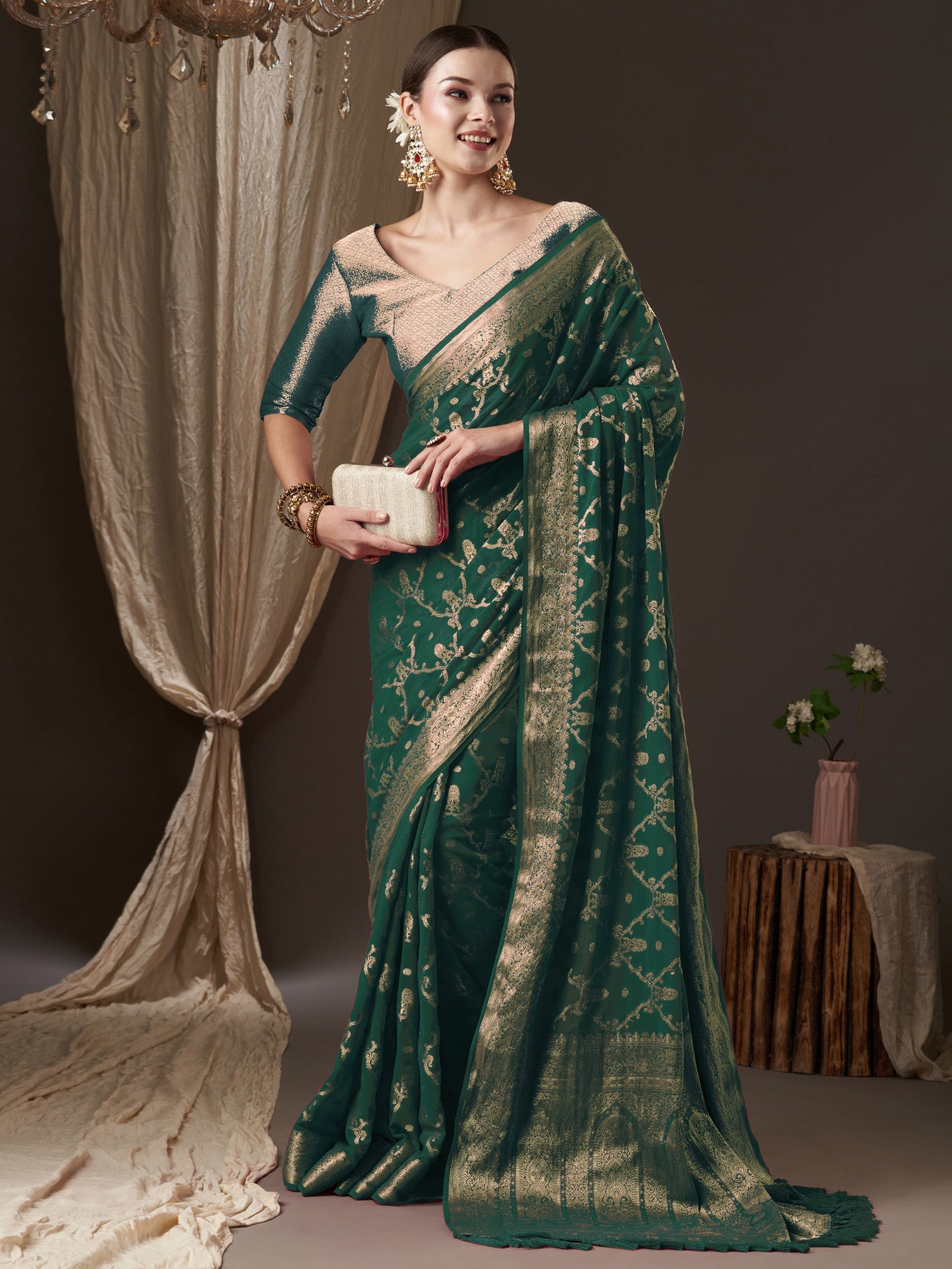 Green Floral Georgette Saree with Jari Border - Ressa