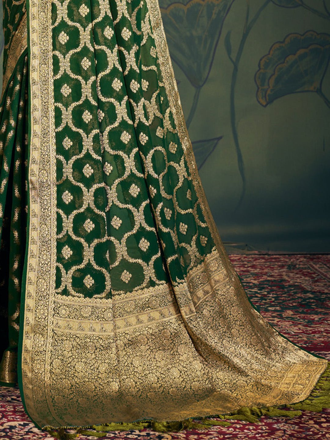 Green Floral Georgette Saree with Jari Border - Ressa