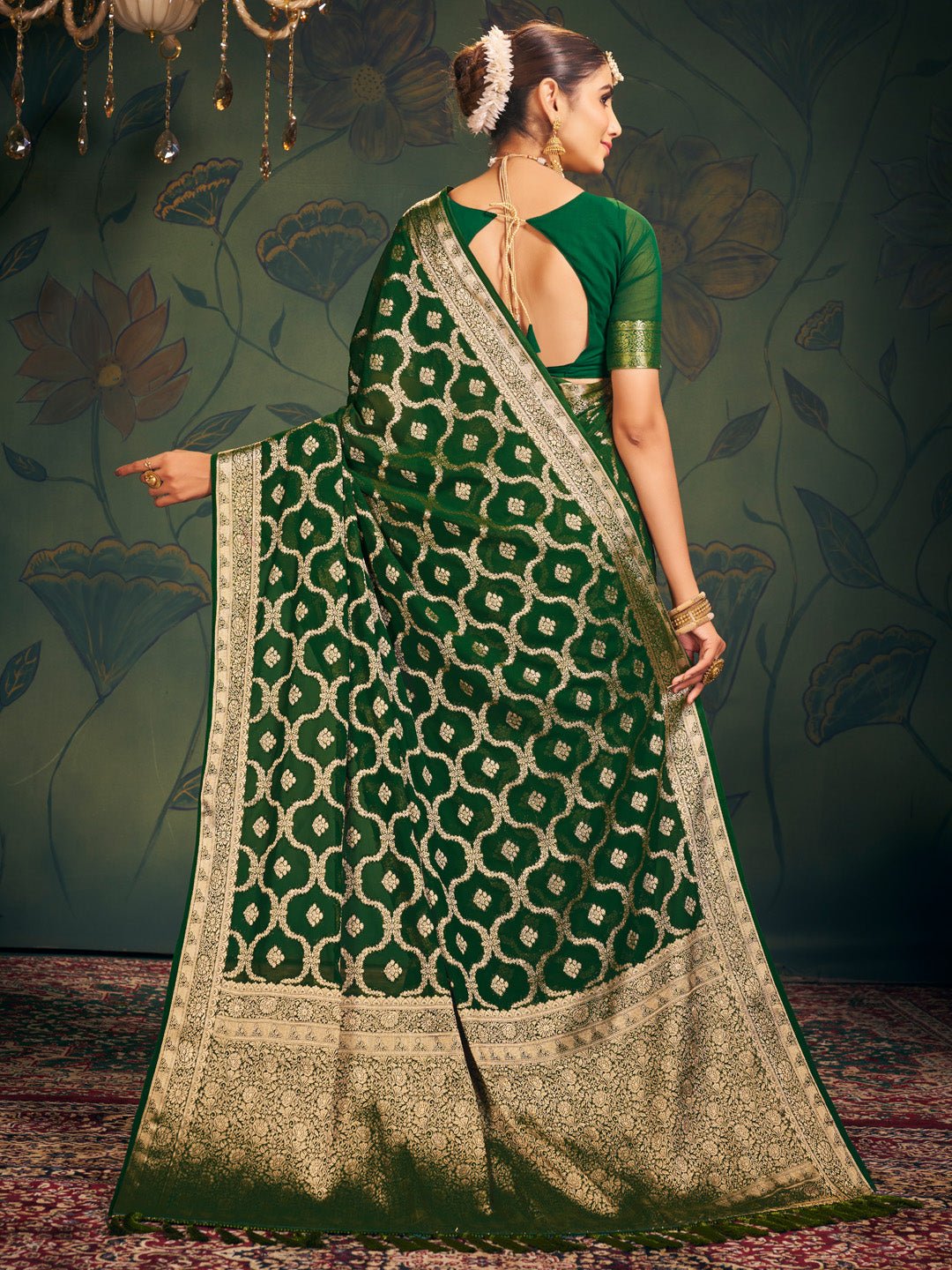 Green Floral Georgette Saree with Jari Border - Ressa