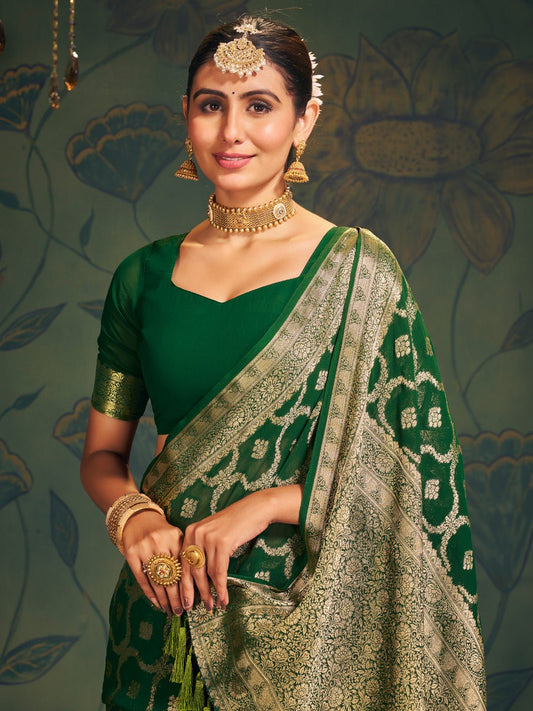 Green Floral Georgette Saree with Jari Border - Ressa