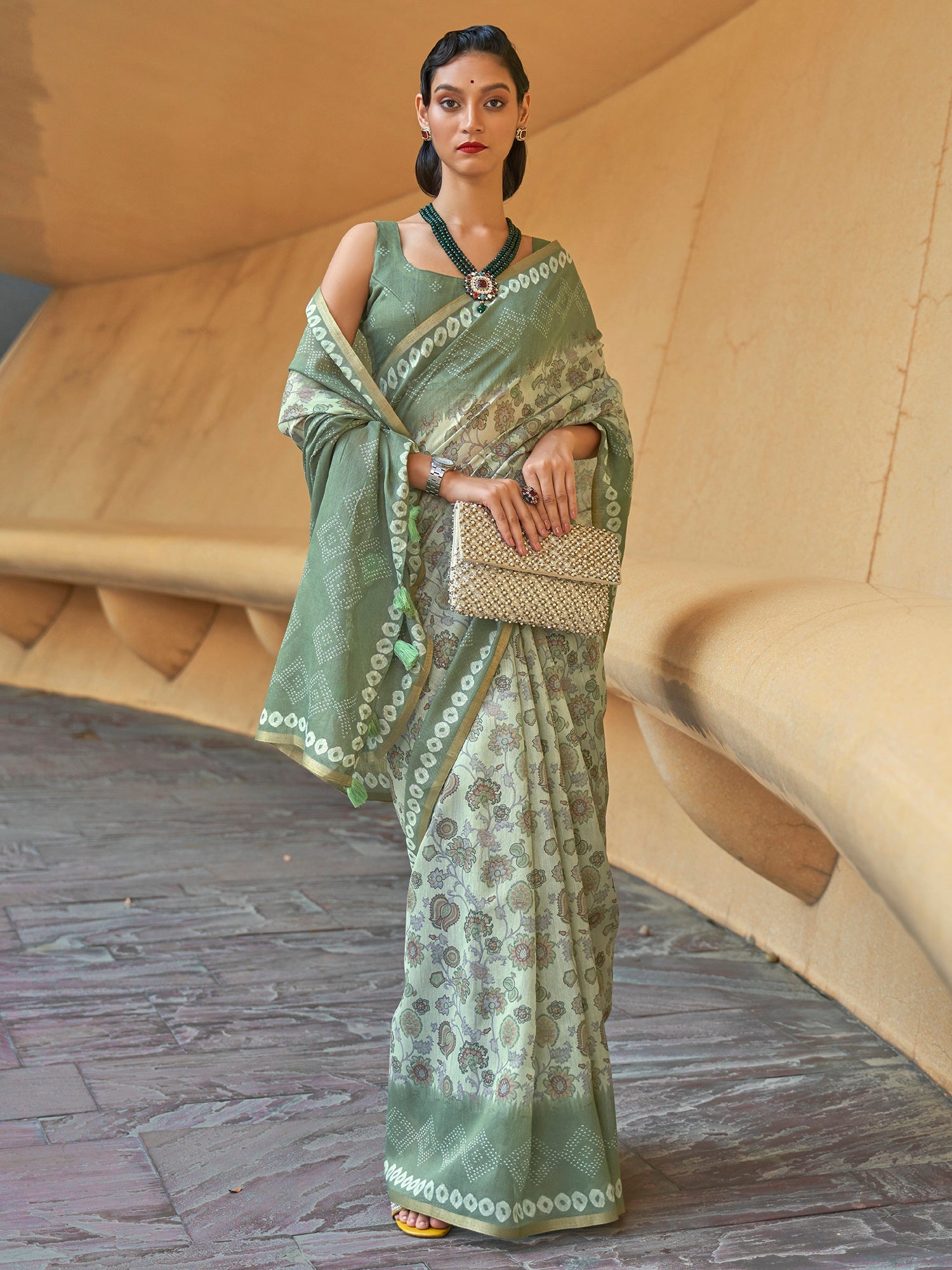 Green Floral Printed Zari Bagh Saree - Ressa