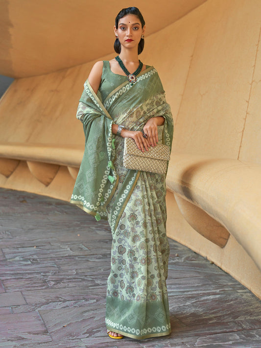 Green Floral Printed Zari Bagh Saree - Ressa