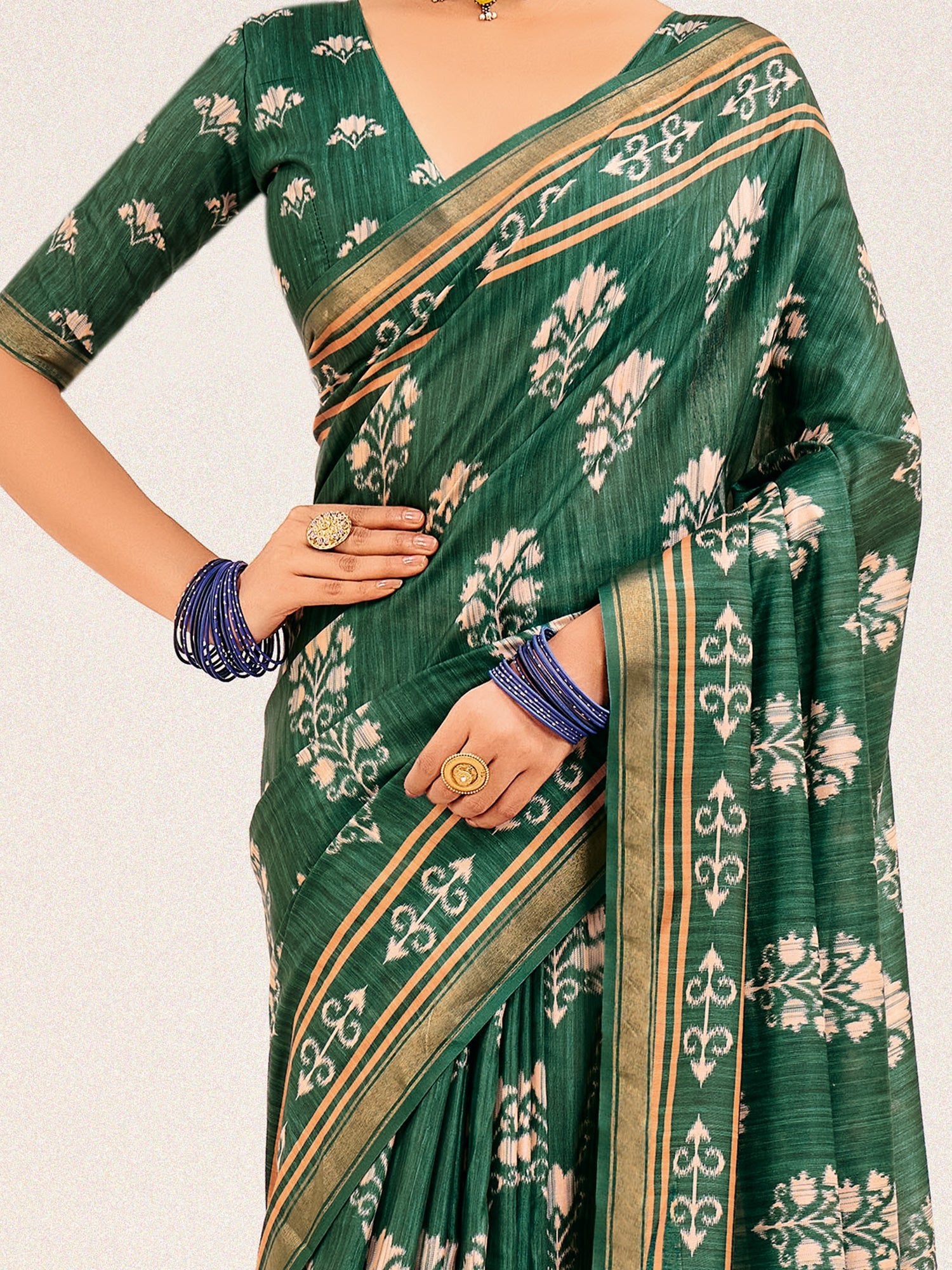 Green Ikat Silk Saree with Patachitra Pallu - Ressa