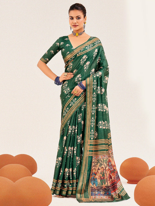 Green Ikat Silk Saree with Patachitra Pallu - Ressa