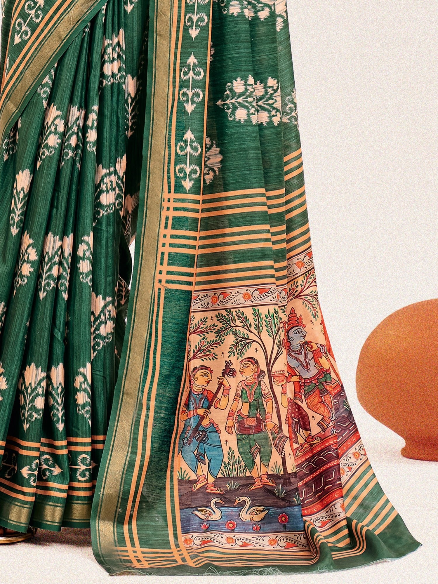 Green Ikat Silk Saree with Patachitra Pallu - Ressa