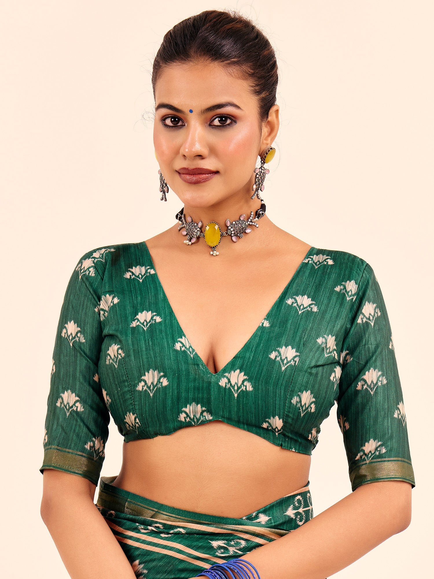 Green Ikat Silk Saree with Patachitra Pallu - Ressa