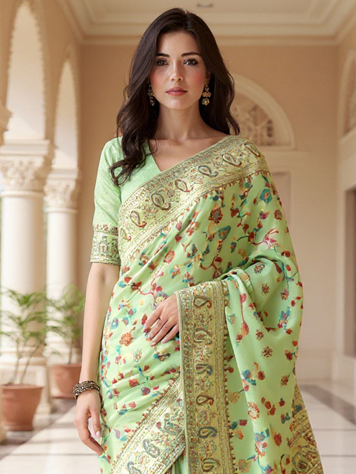 Green Kashmiri Silk Saree with Flower Motif - Ressa