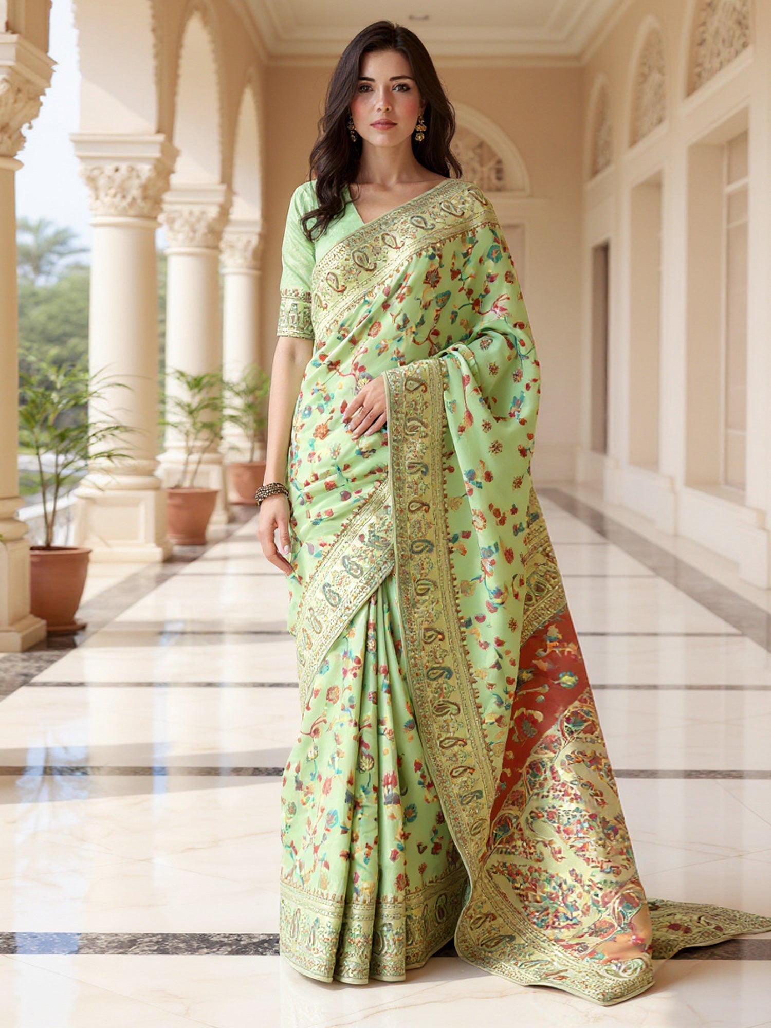 Green Kashmiri Silk Saree with Flower Motif - Ressa