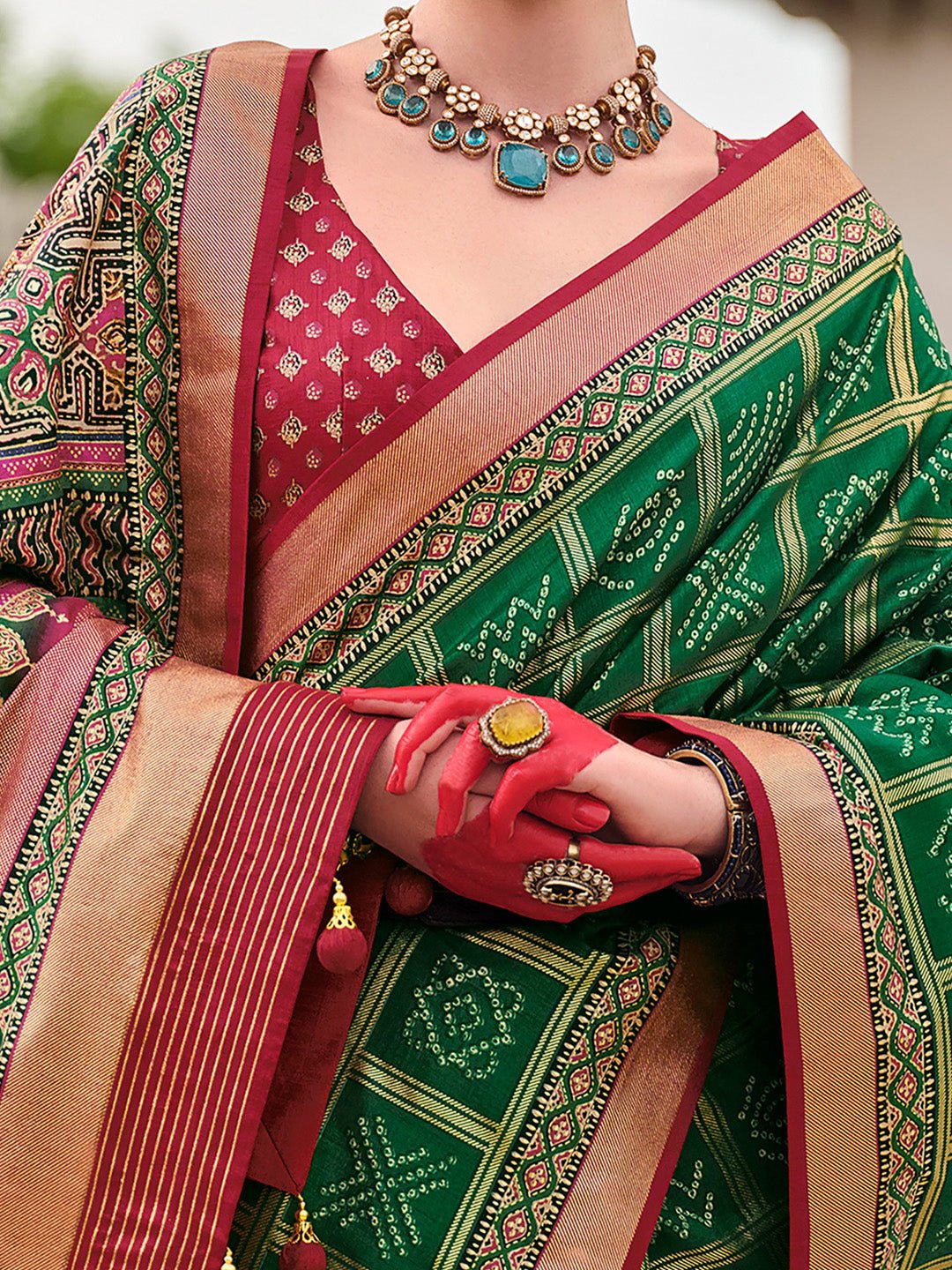 Green & Maroon Bandhani Saree - Ressa