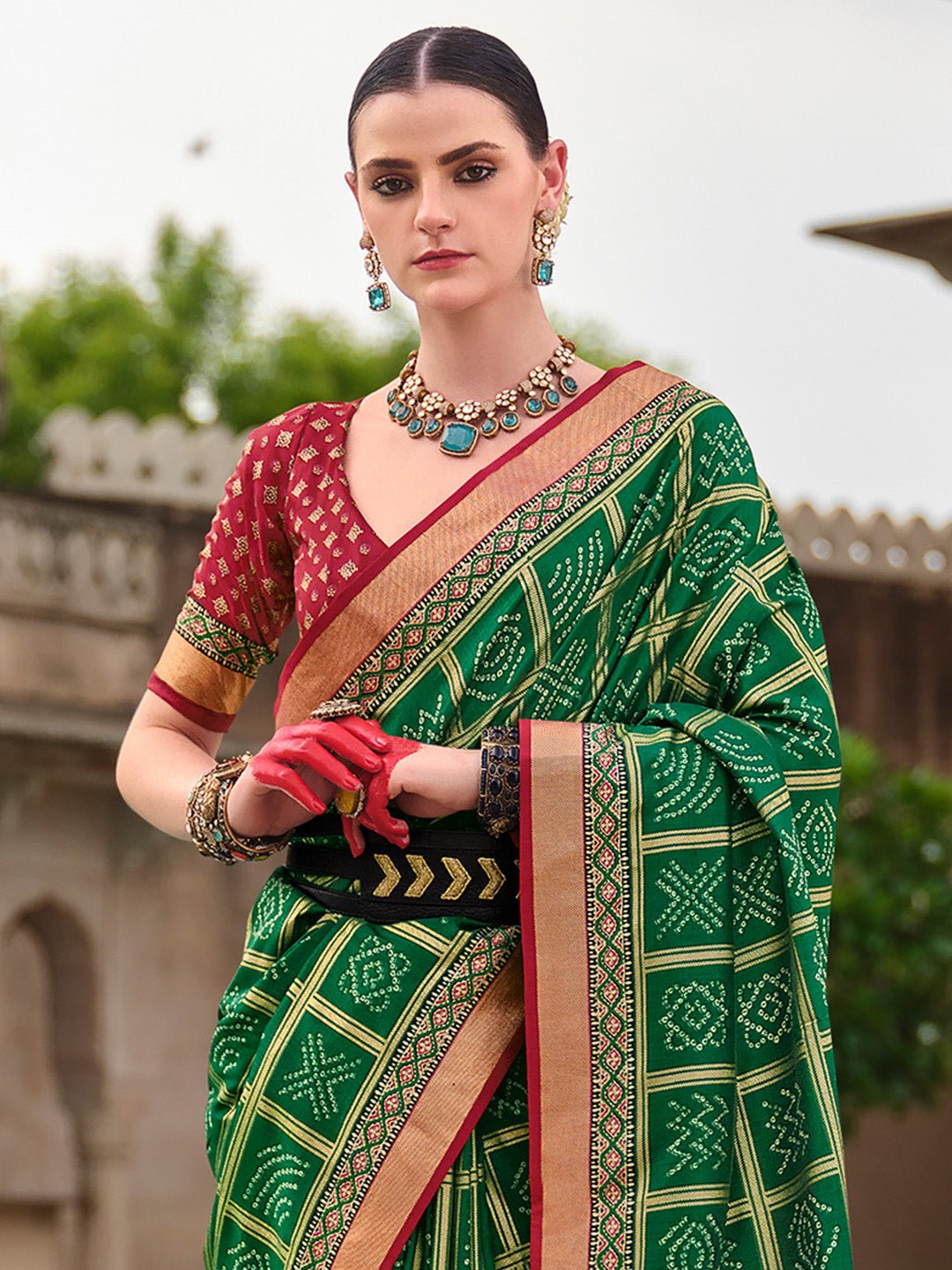Green & Maroon Bandhani Saree - Ressa
