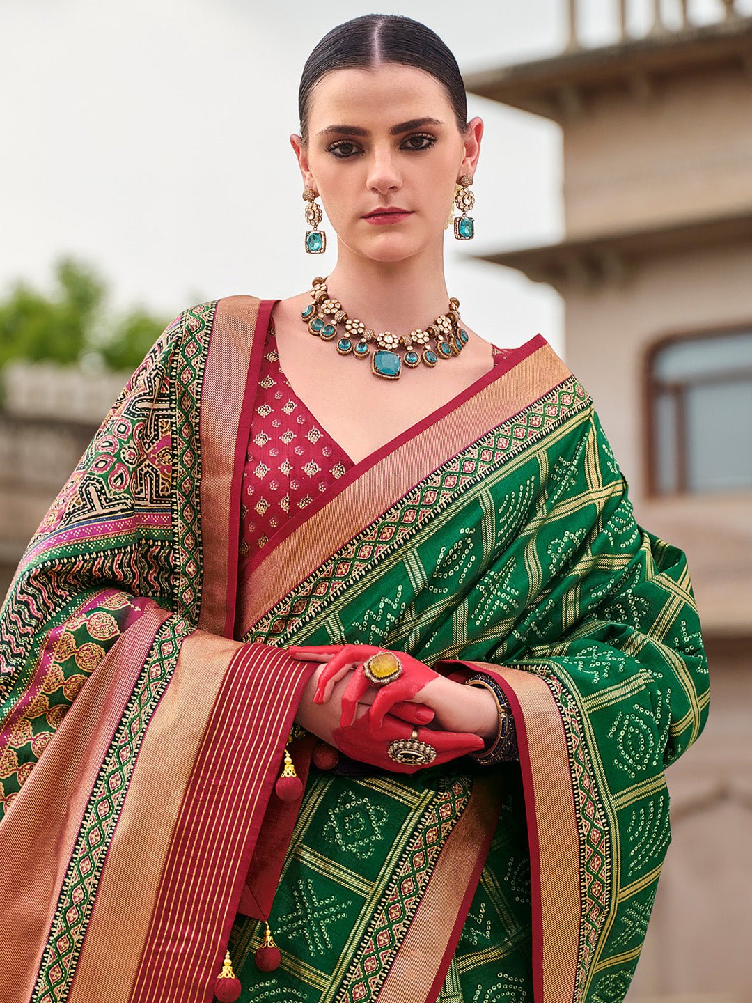 Green & Maroon Bandhani Saree - Ressa