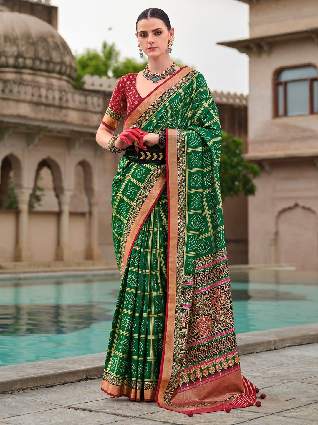 Green & Maroon Bandhani Saree - Ressa