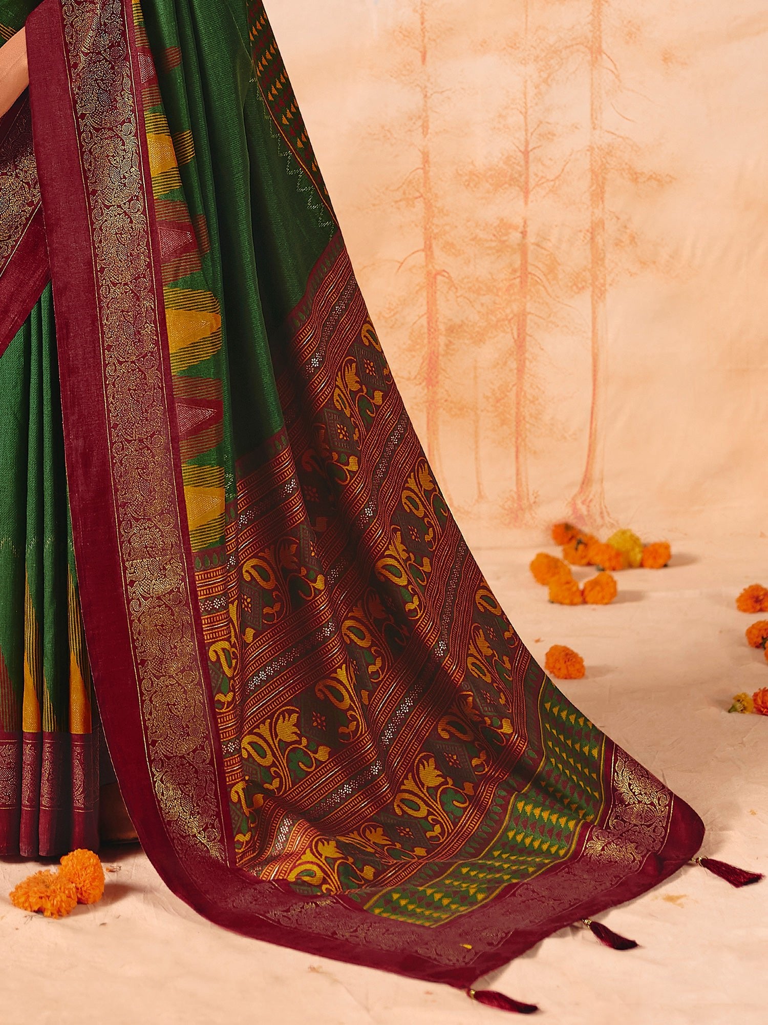 Green & Maroon Patola Silk Saree with Zari Border - Ressa