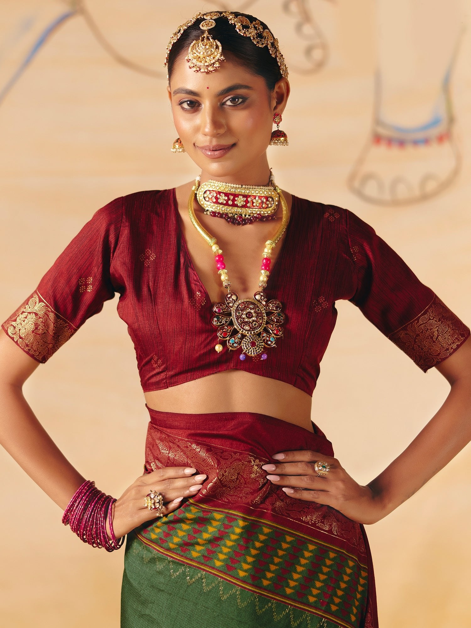 Green & Maroon Patola Silk Saree with Zari Border - Ressa