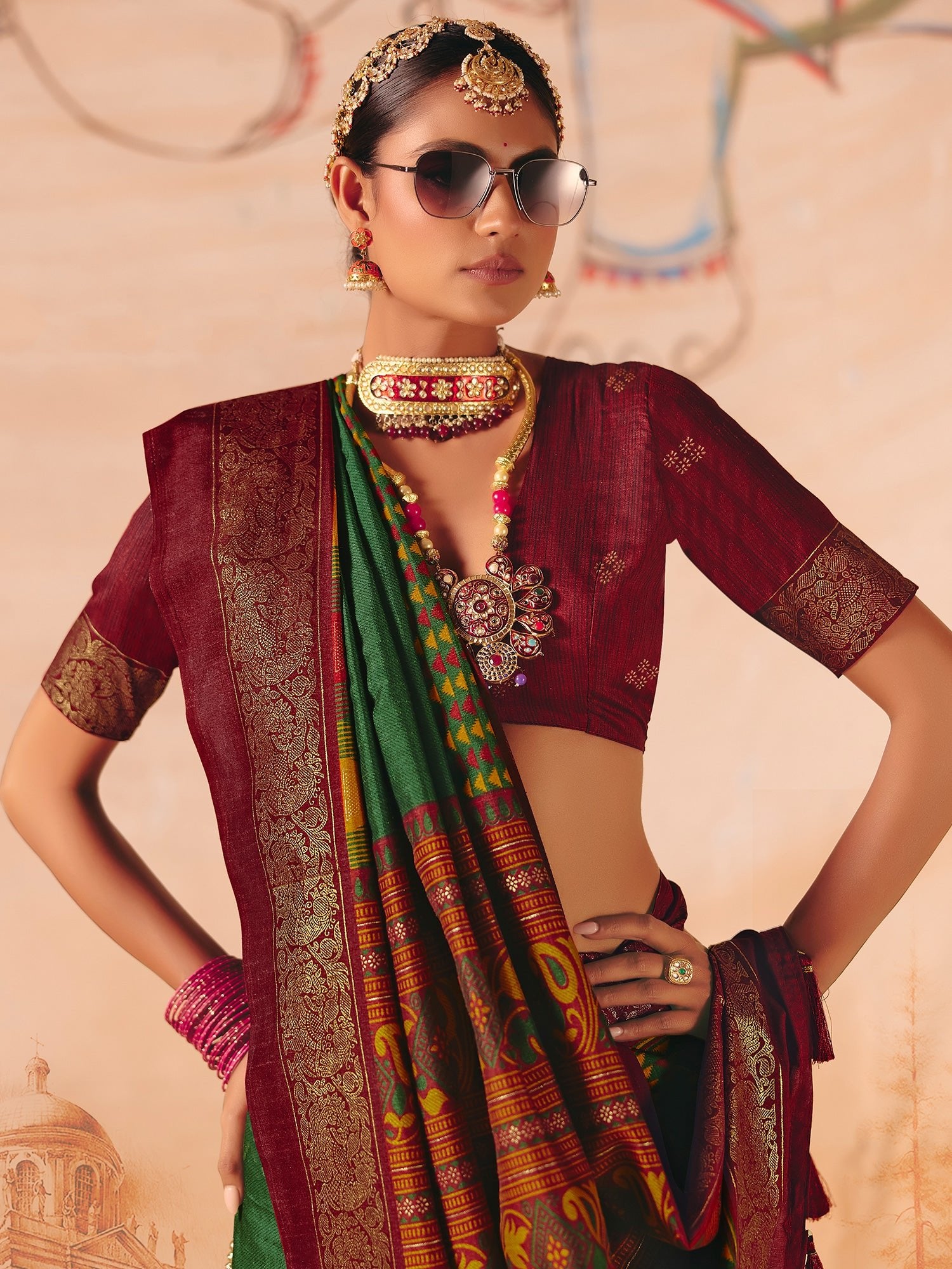 Green & Maroon Patola Silk Saree with Zari Border - Ressa