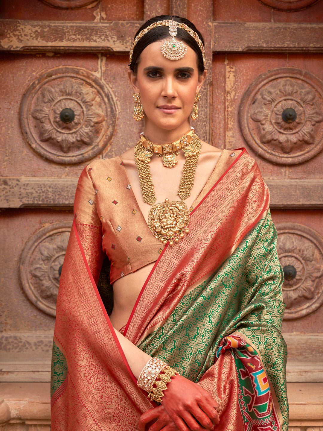 Green & Maroon Silk Blend Heritage Patola Style Saree - Ressa