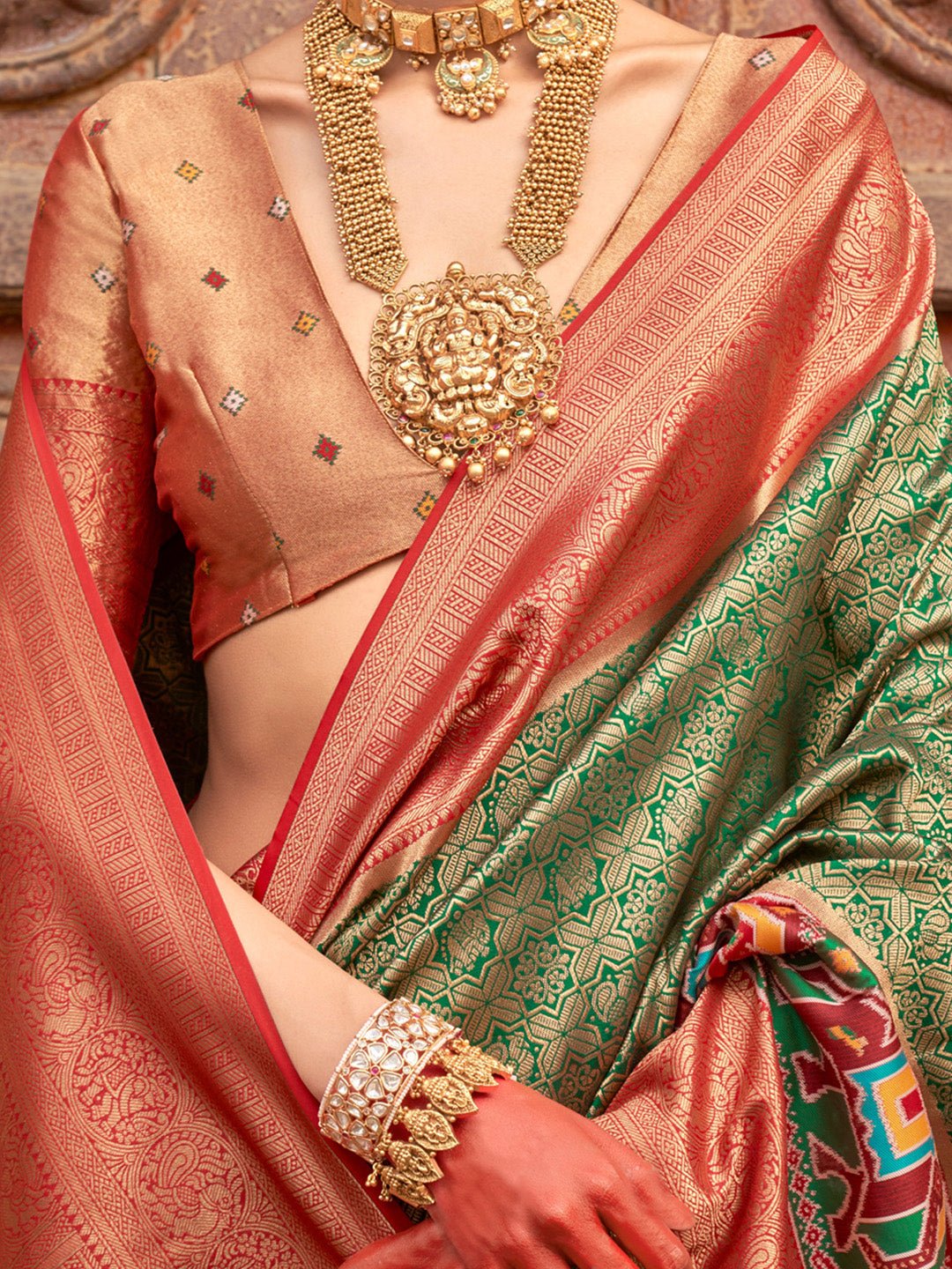 Green & Maroon Silk Blend Heritage Patola Style Saree - Ressa