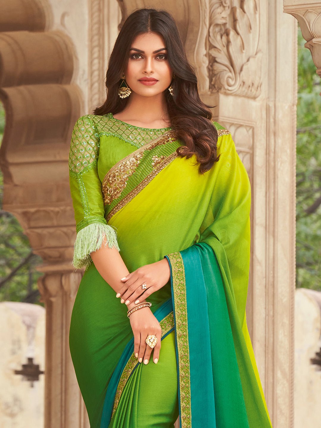 Green Ombre Embellished Saree - Ressa