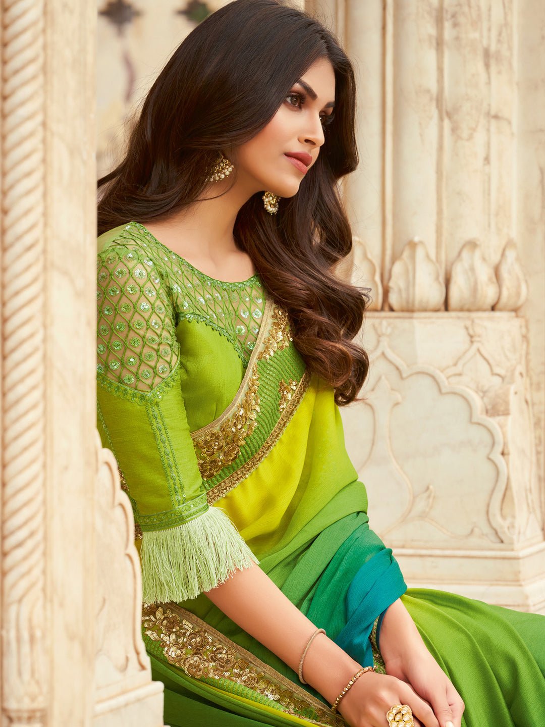 Green Ombre Embellished Saree - Ressa