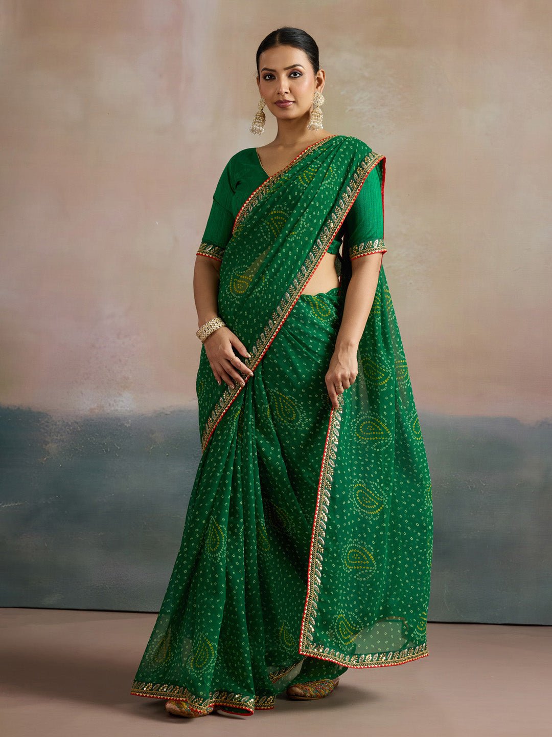 Green Paisley Bandhani Georgette Saree - Ressa