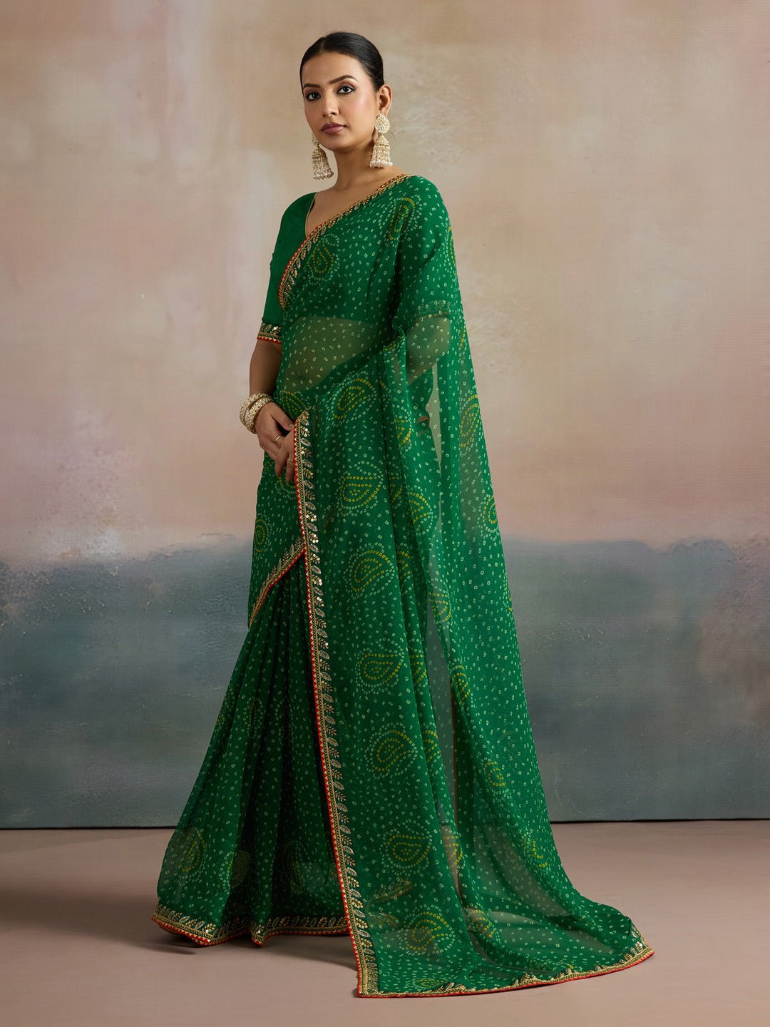 Green Paisley Bandhani Georgette Saree - Ressa