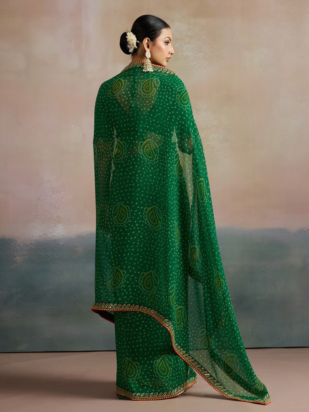 Green Paisley Bandhani Georgette Saree - Ressa
