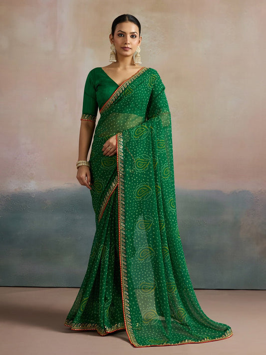 Green Paisley Bandhani Georgette Saree - Ressa