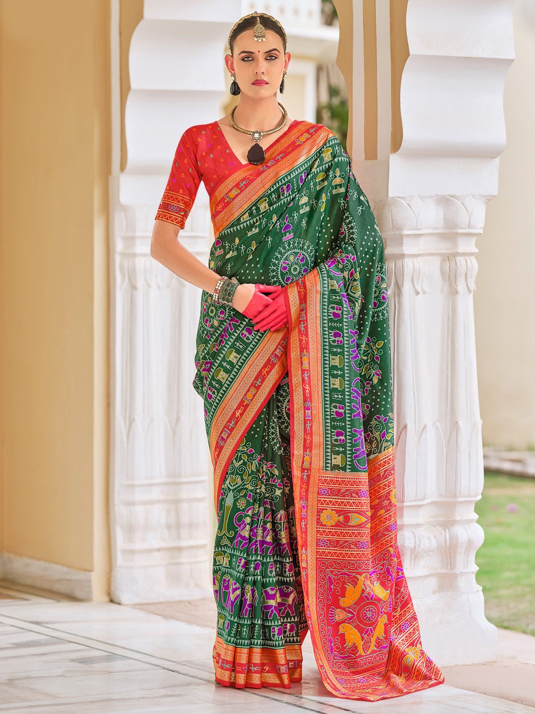 Green Patola Ikat Print Silk Blend Saree - Ressa