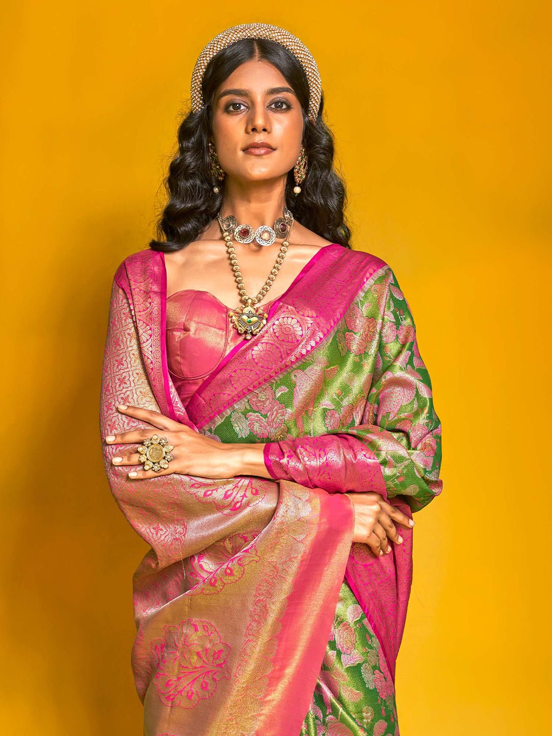 Green &Pink Banarasi Silk Blend Saree - Ressa