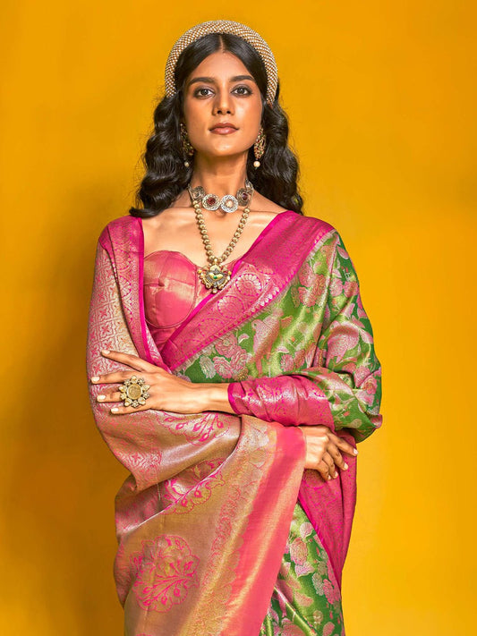 Green &Pink Banarasi Silk Blend Saree - Ressa