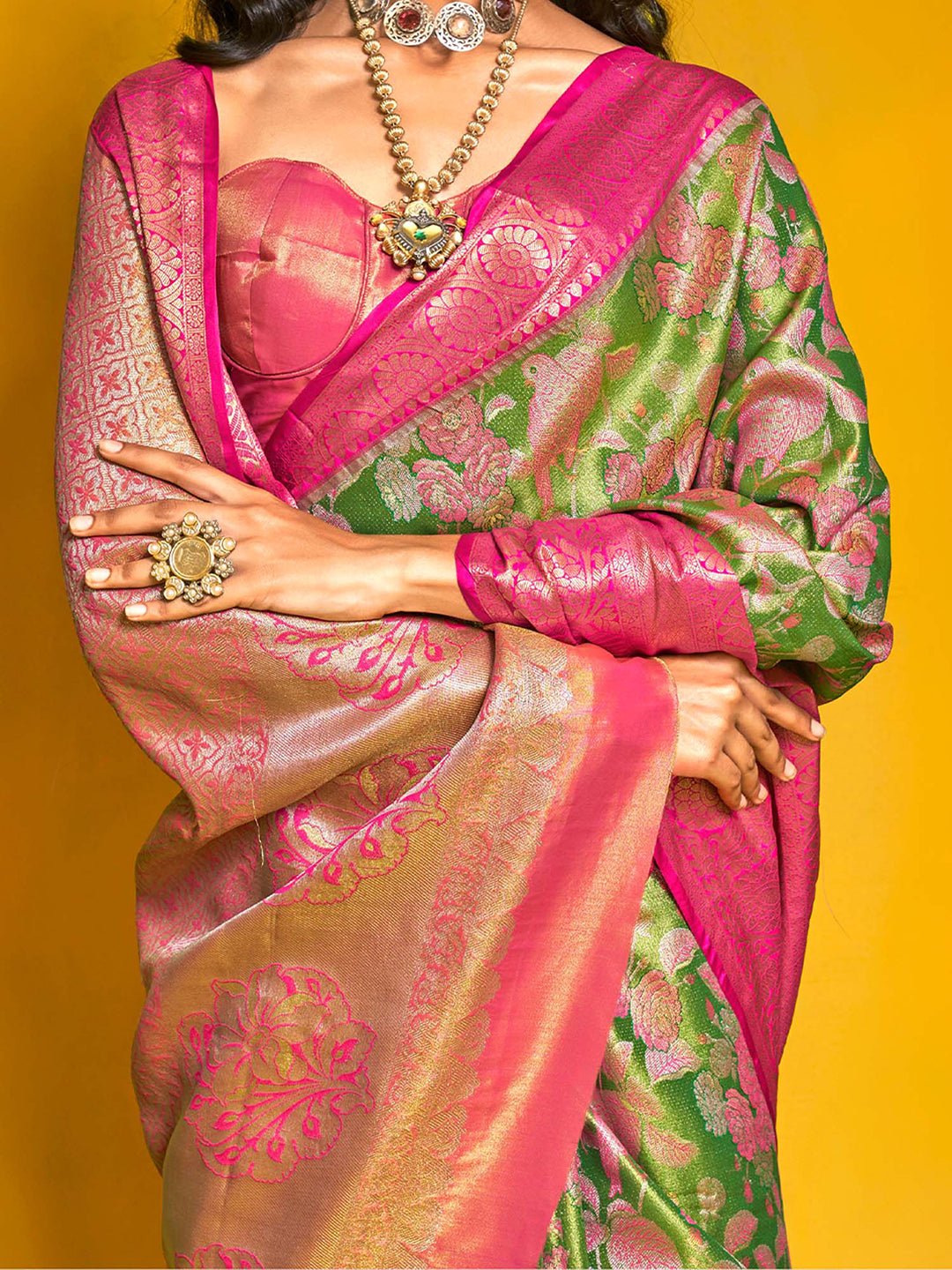 Green &Pink Banarasi Silk Blend Saree - Ressa