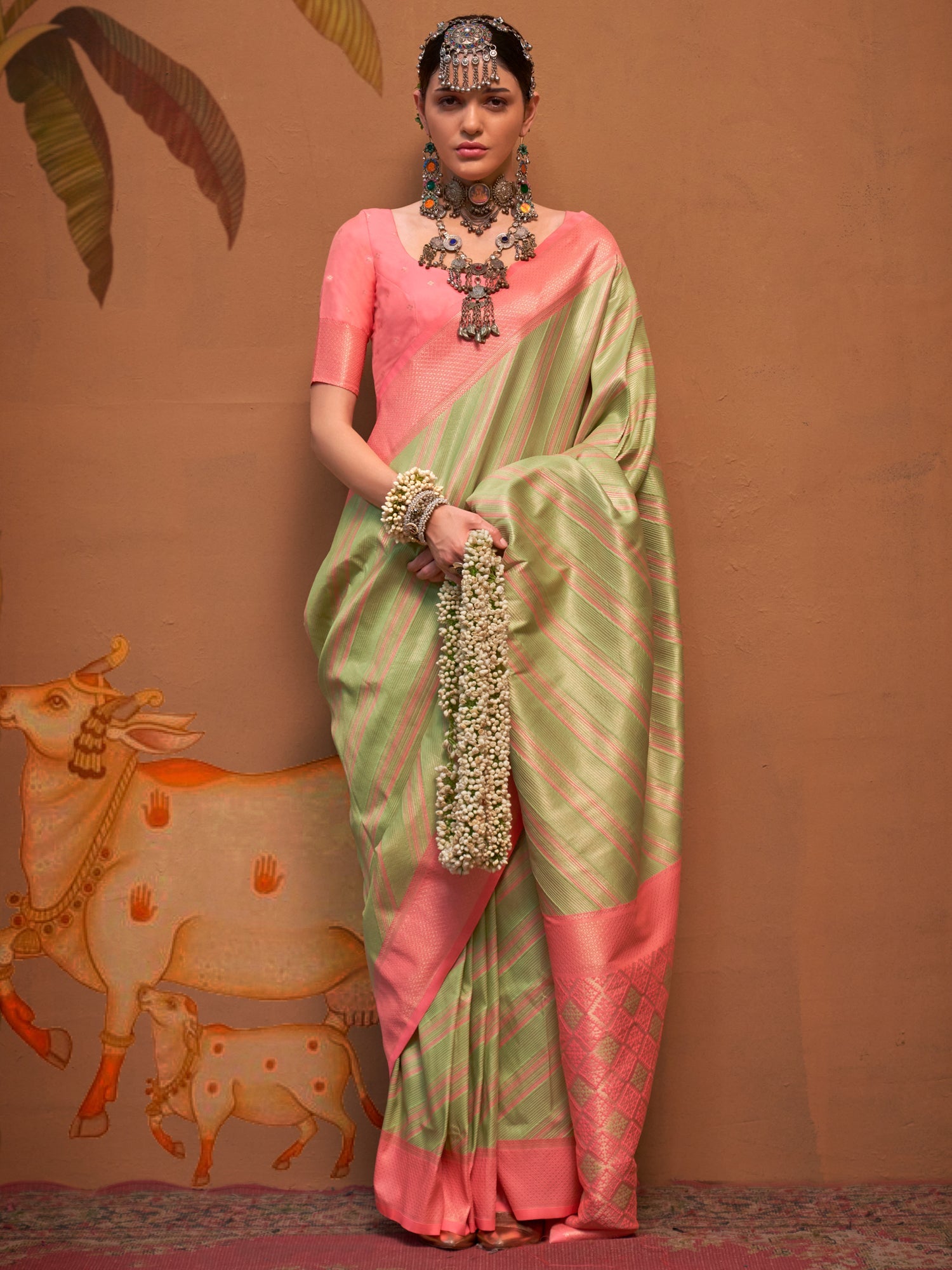 Green Pink Banarasi Silk Blend Saree - Ressa