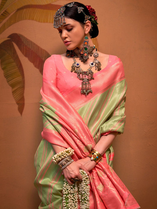 Green Pink Banarasi Silk Blend Saree - Ressa