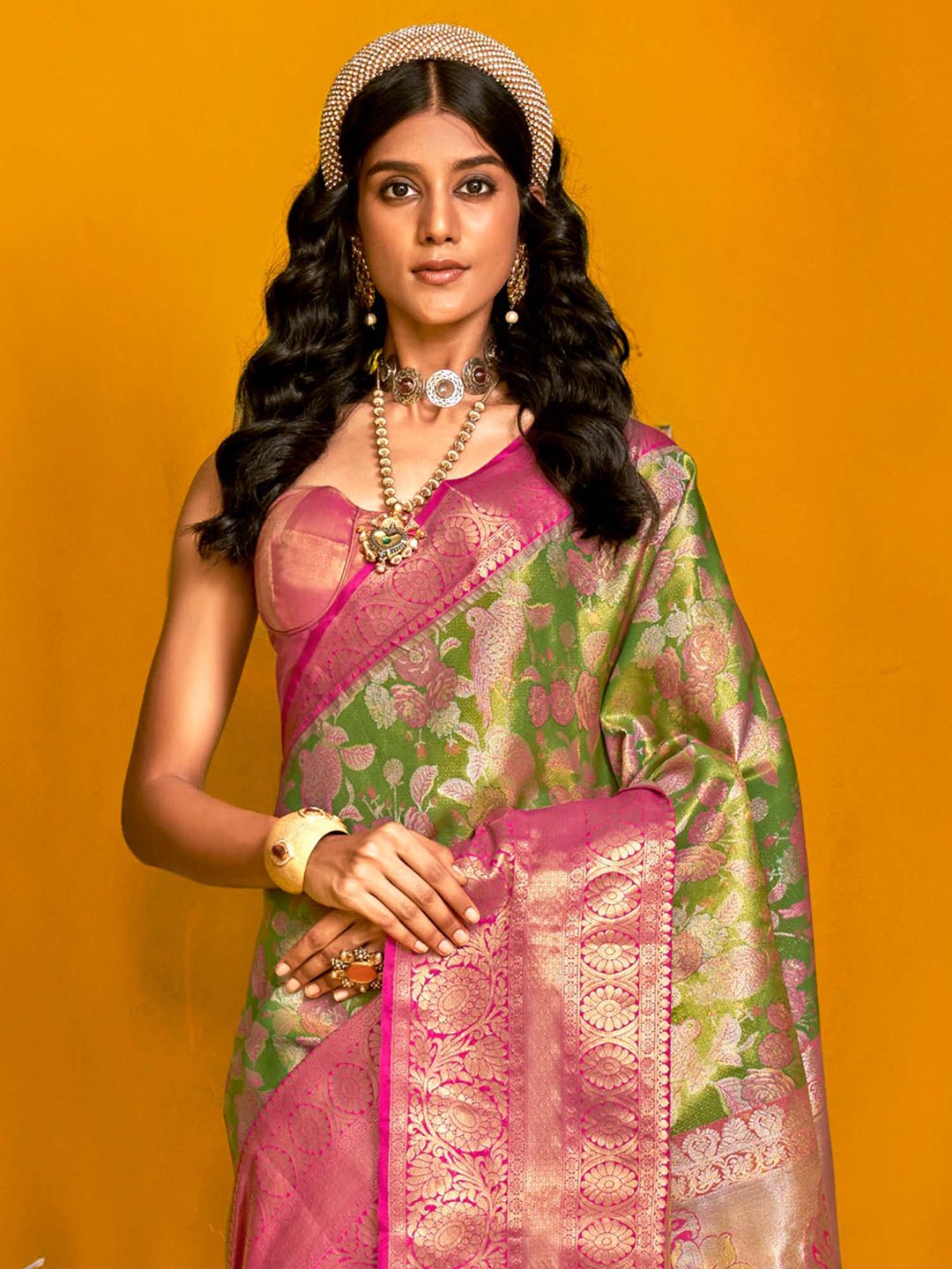 Green &Pink Banarasi Silk Blend Saree - Ressa