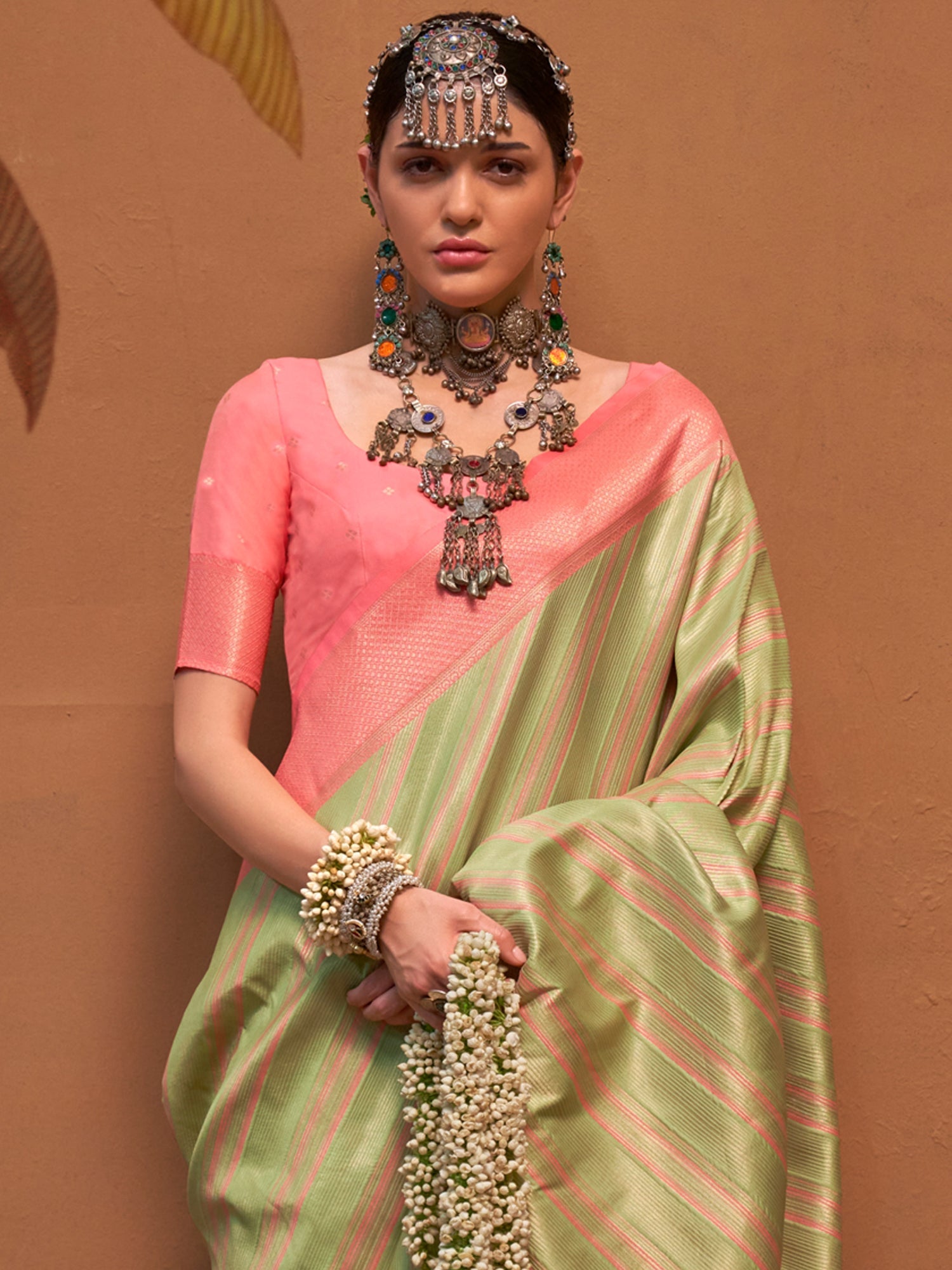 Green Pink Banarasi Silk Blend Saree - Ressa