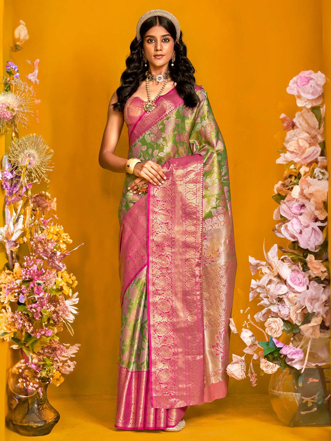 Green &Pink Banarasi Silk Blend Saree - Ressa