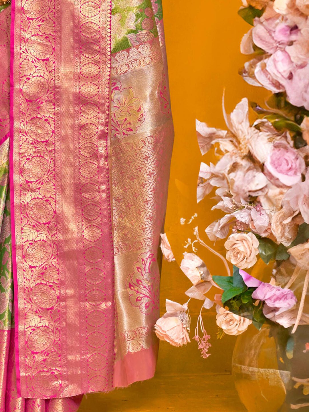 Green &Pink Banarasi Silk Blend Saree - Ressa