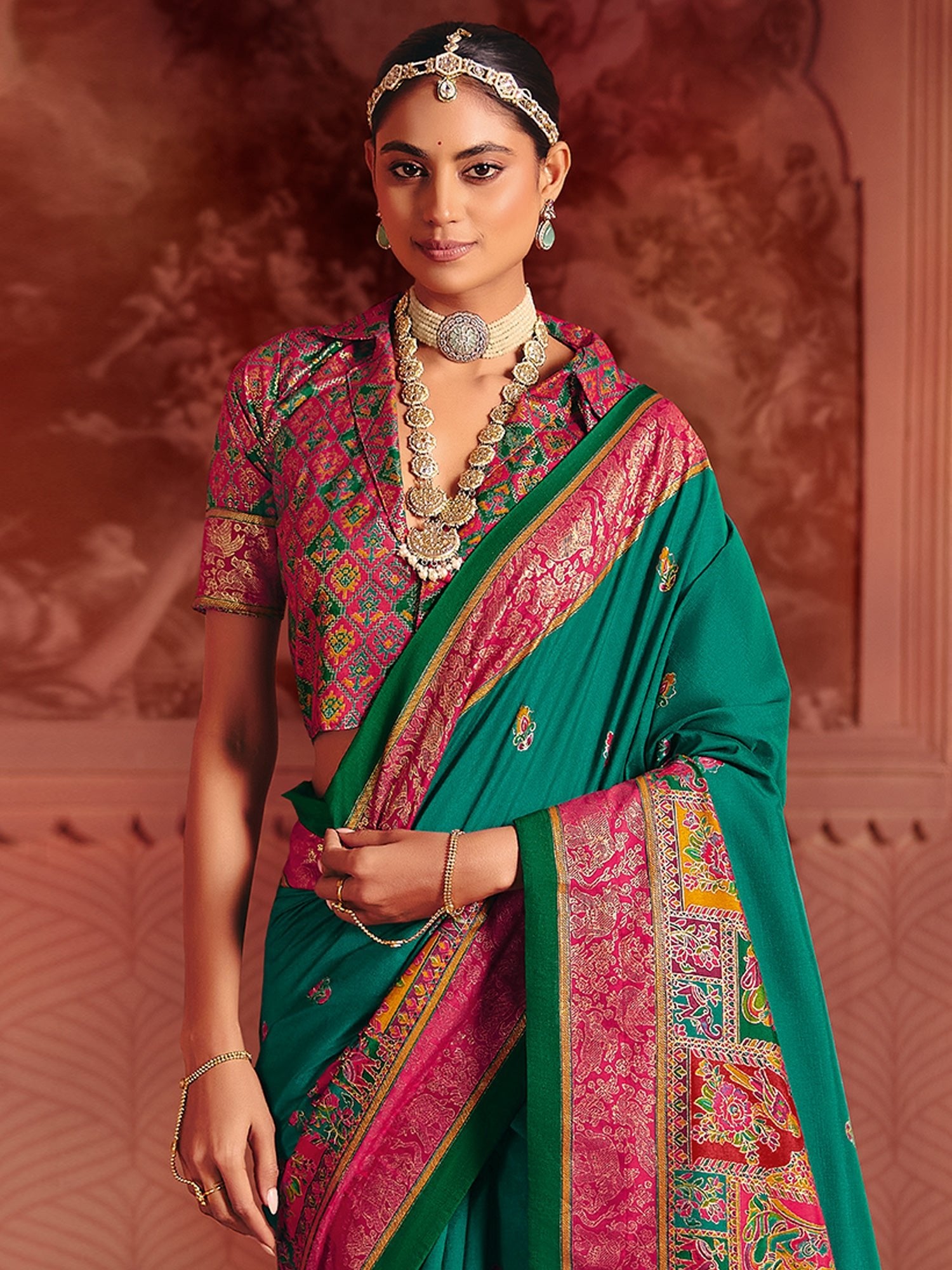 Green & Pink Banarasi Silk Saree with Patola Weave - Ressa