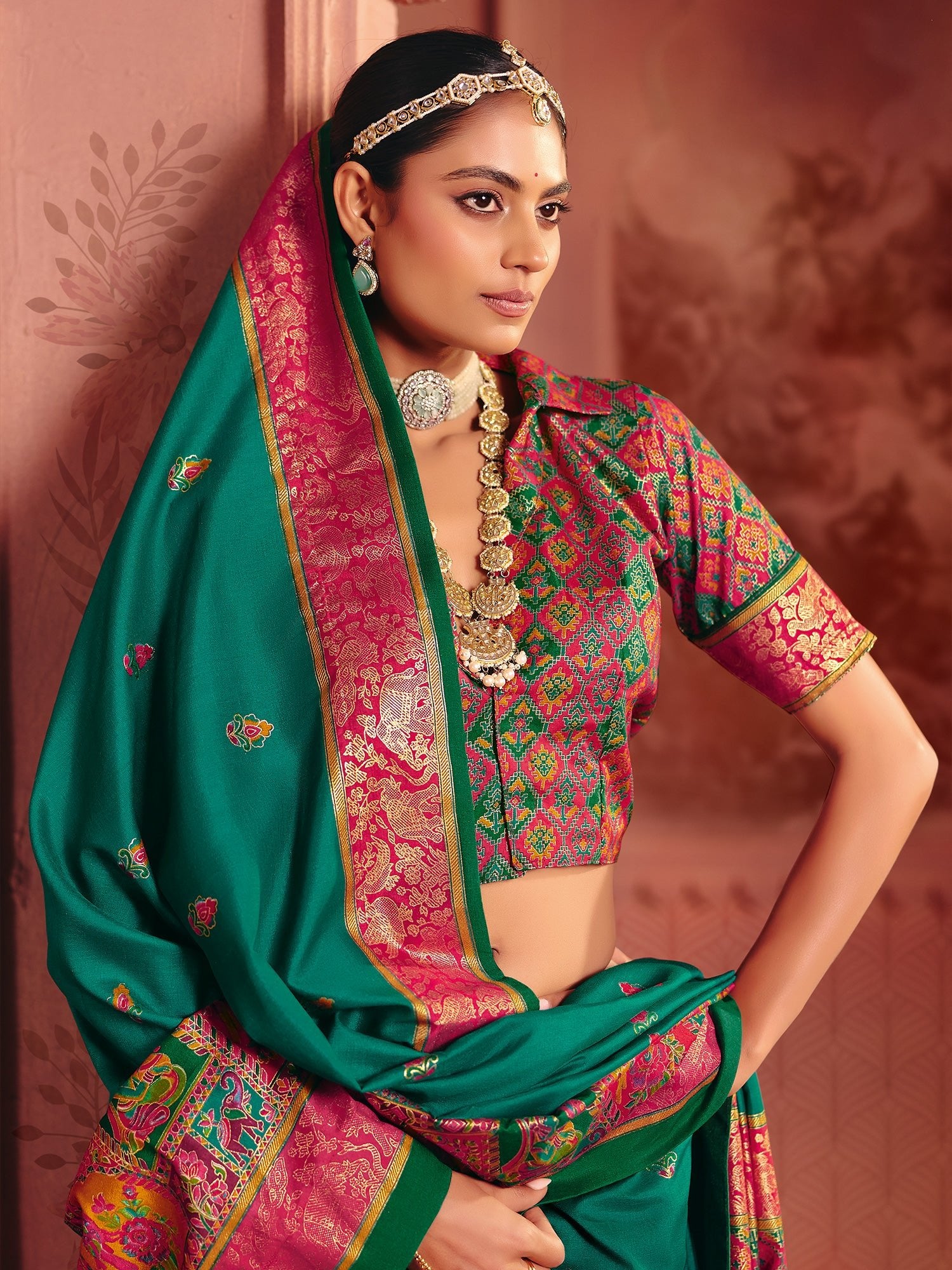 Green & Pink Banarasi Silk Saree with Patola Weave - Ressa