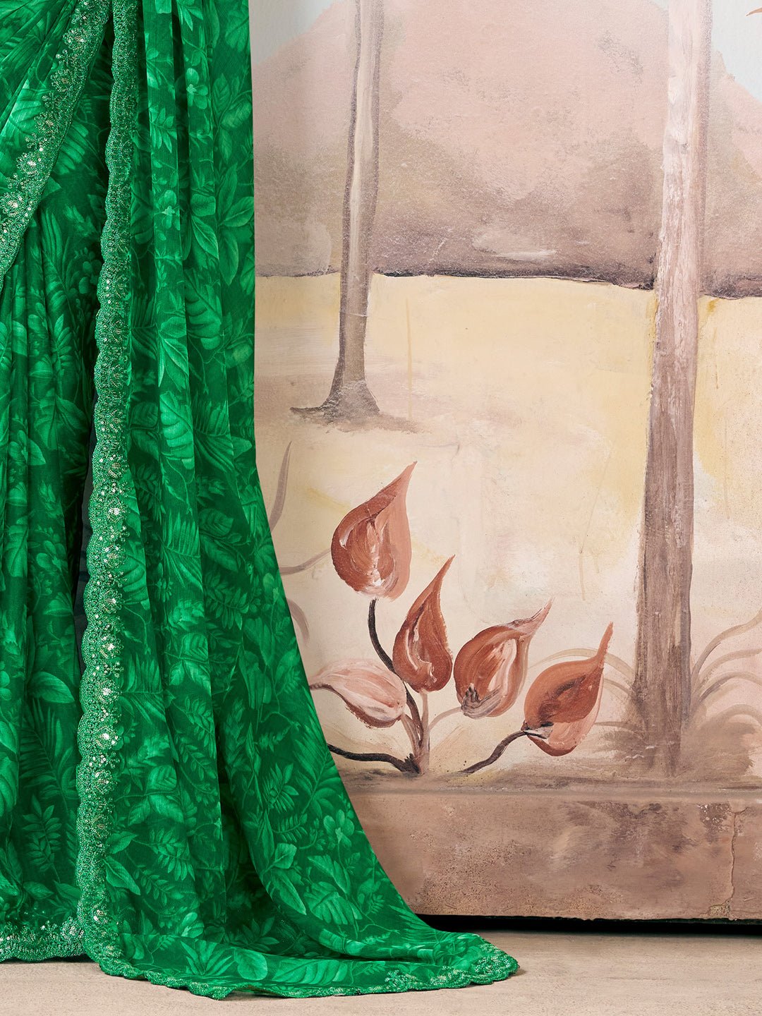 Green Polyester Digital Printed Embroidered Saree - Ressa
