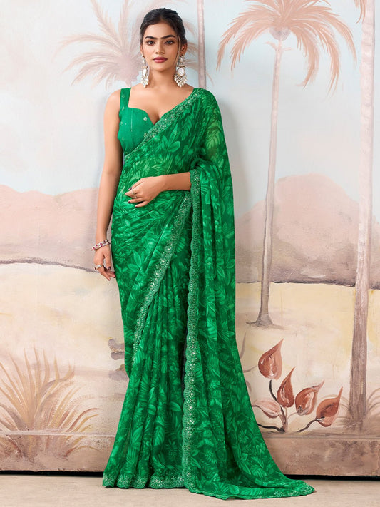 Green Polyester Digital Printed Embroidered Saree - Ressa
