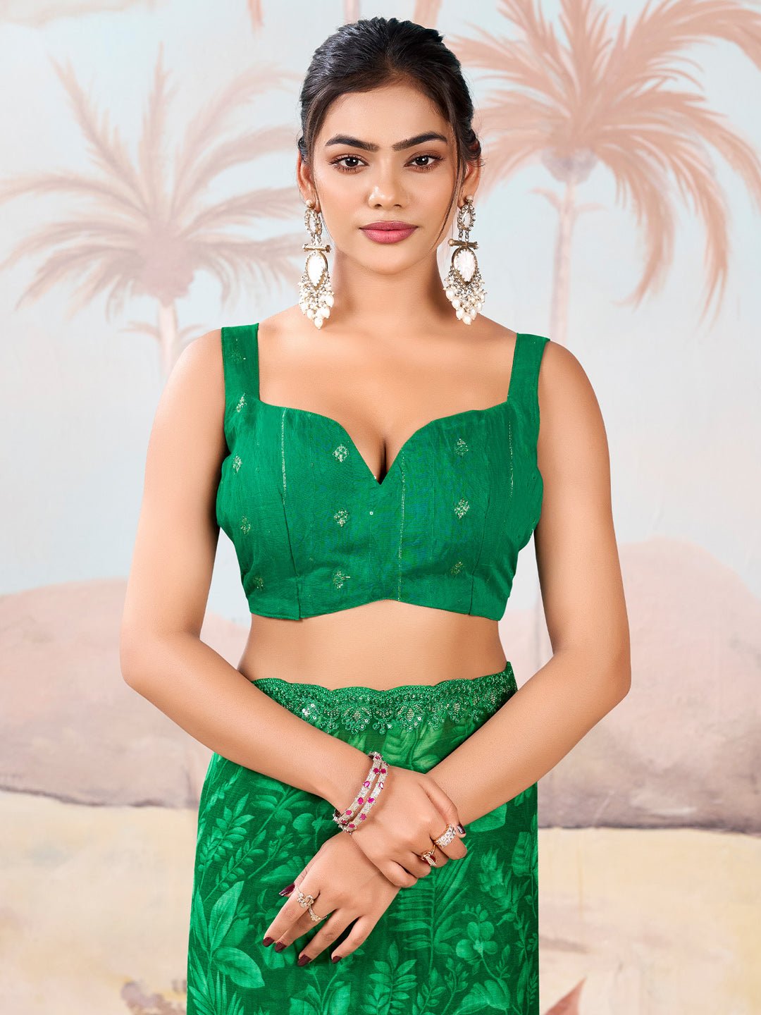 Green Polyester Digital Printed Embroidered Saree - Ressa