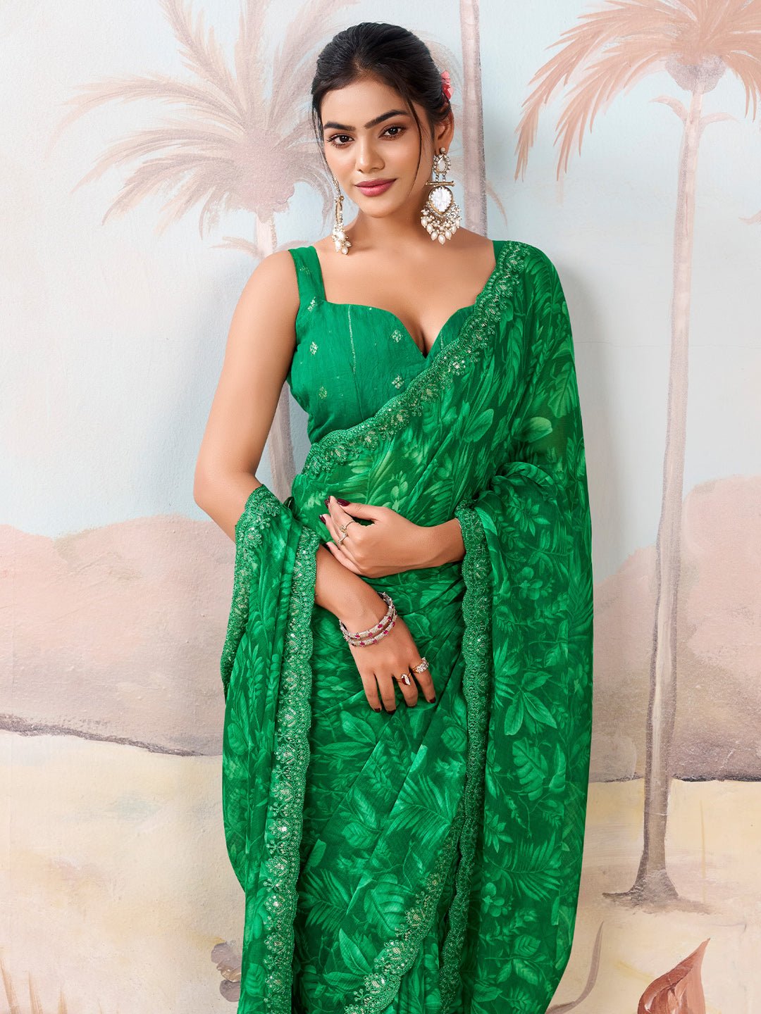 Green Polyester Digital Printed Embroidered Saree - Ressa