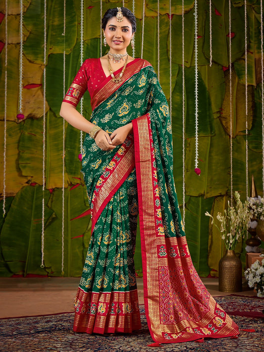 Green & Red Bandhani Silk Saree with Patola Pallu - Ressa