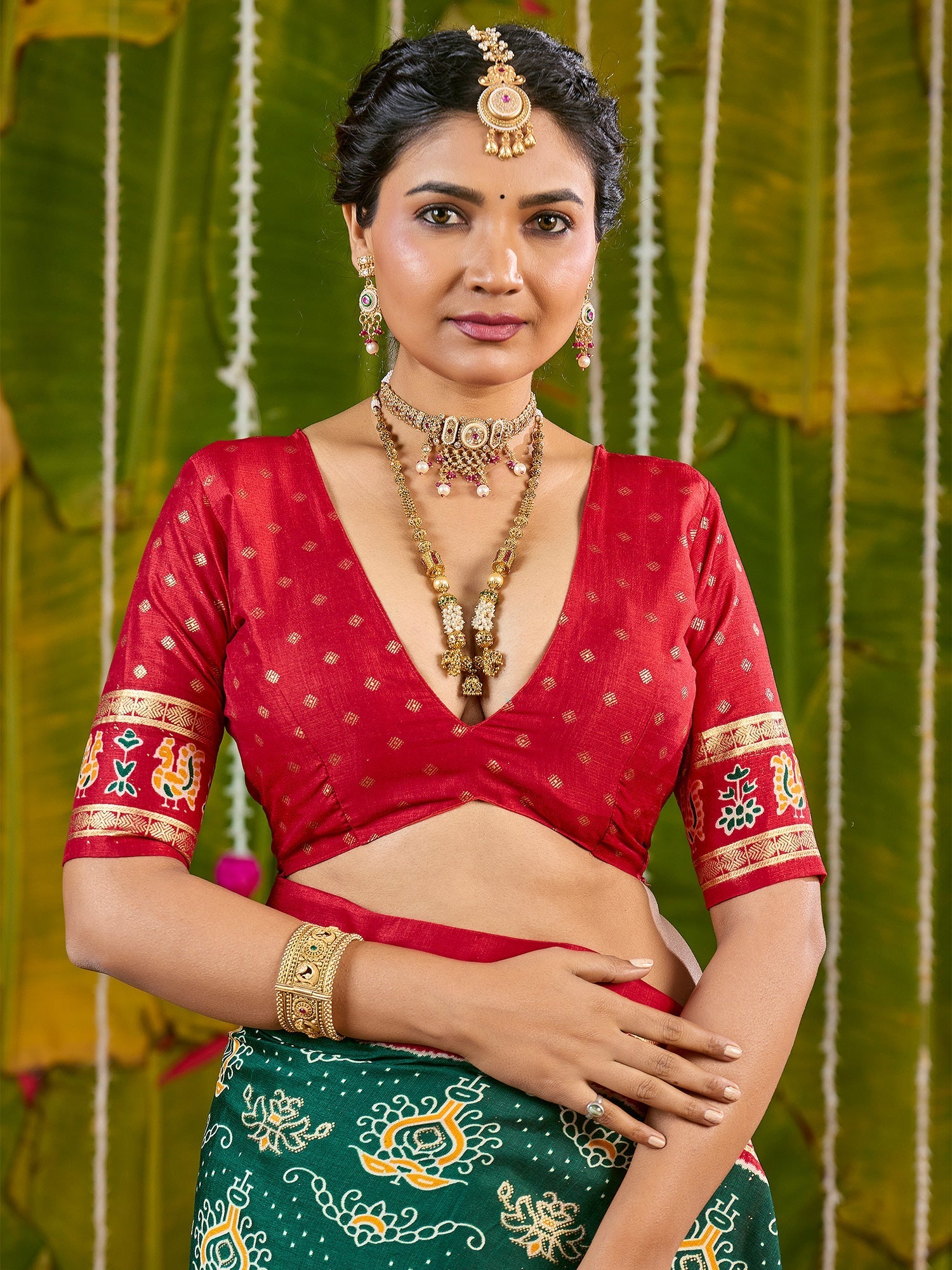 Green & Red Bandhani Silk Saree with Patola Pallu - Ressa