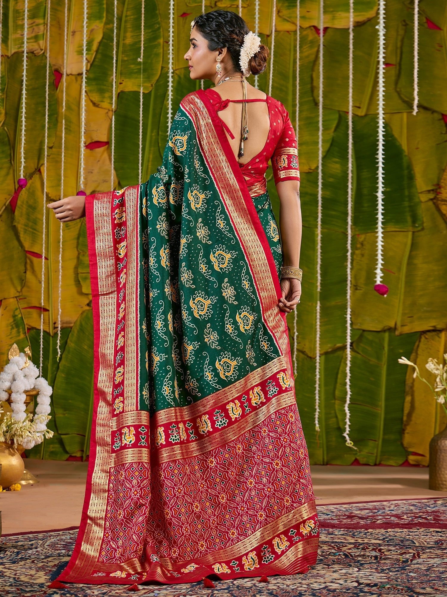 Green & Red Bandhani Silk Saree with Patola Pallu - Ressa