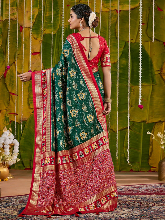 Green & Red Bandhani Silk Saree with Patola Pallu - Ressa